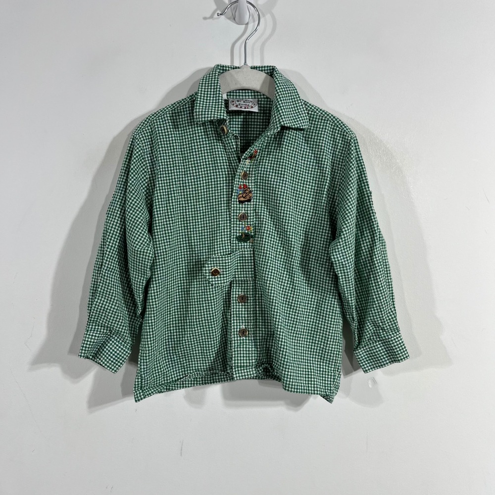 St. Peter Country Kids Green Gingham Cotton Embroidered Button Down Shirt VTG